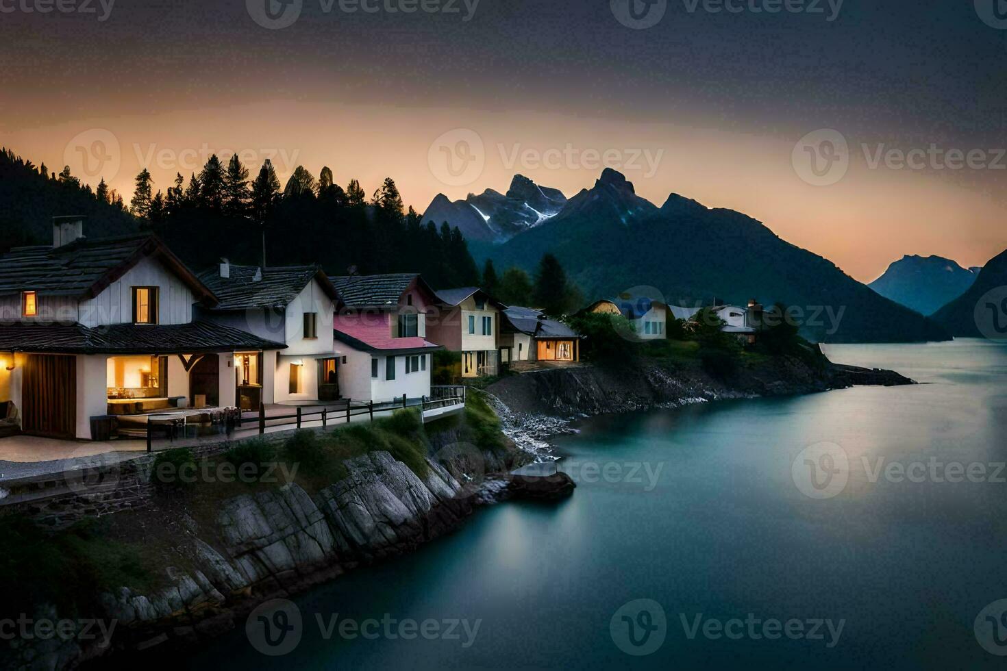 a house sits on the shore of a lake at dusk. AI-Generated photo