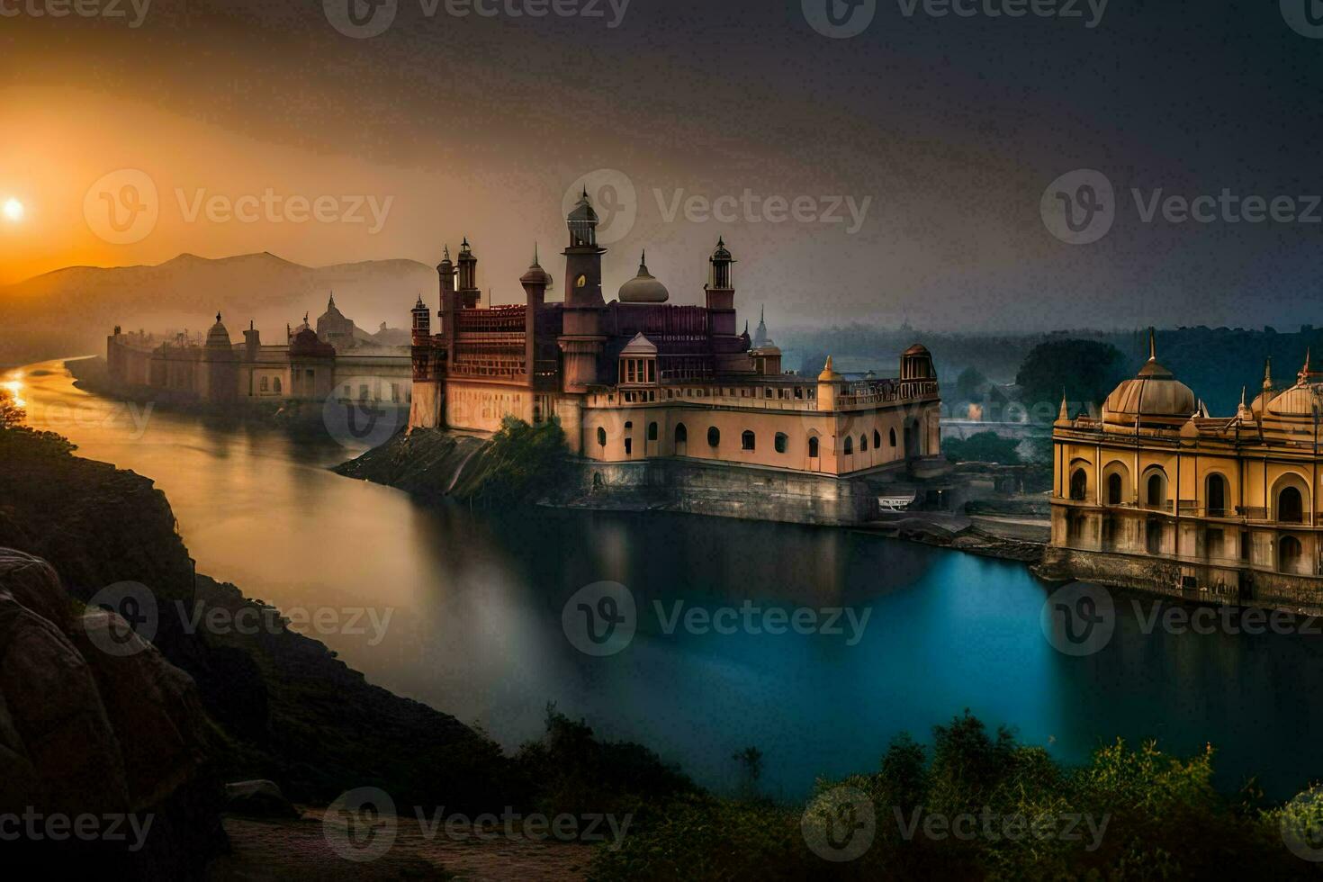 the sun rises over the palace in india. AI-Generated photo