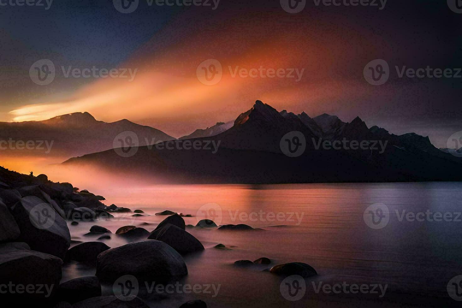 a sunset over the mountains and water. AI-Generated photo