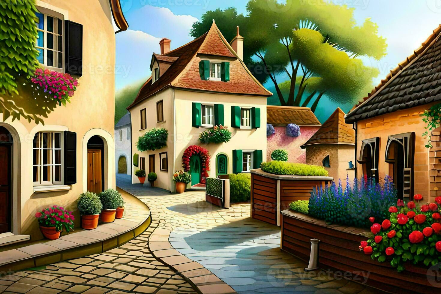 a painting of a street in a small town. AI-Generated photo