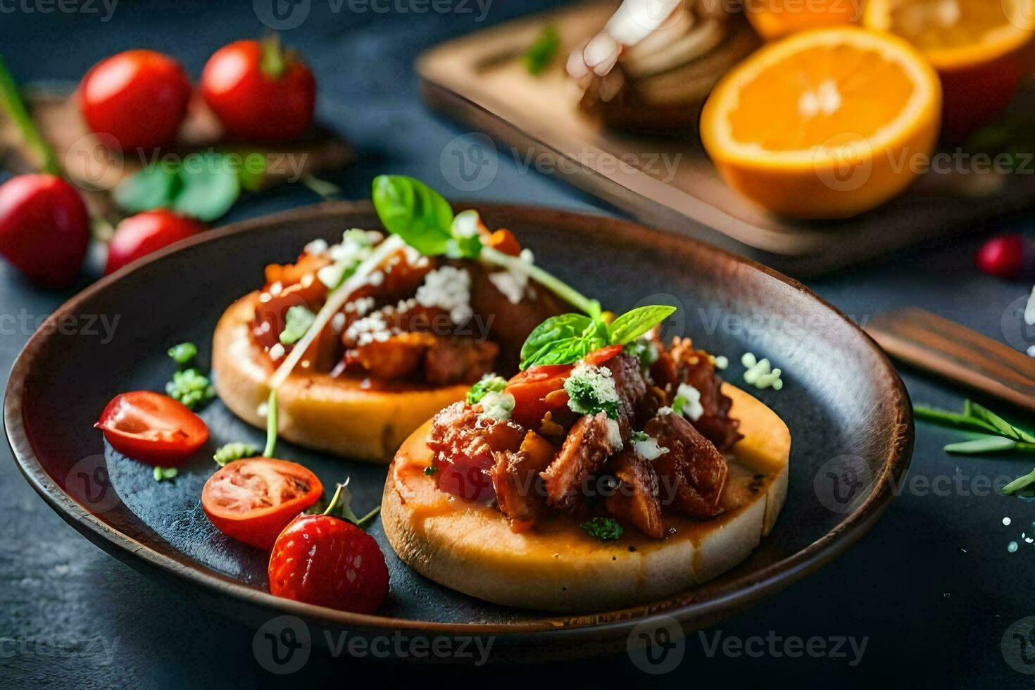 dos pequeño platos con comida en a ellos. generado por ai foto