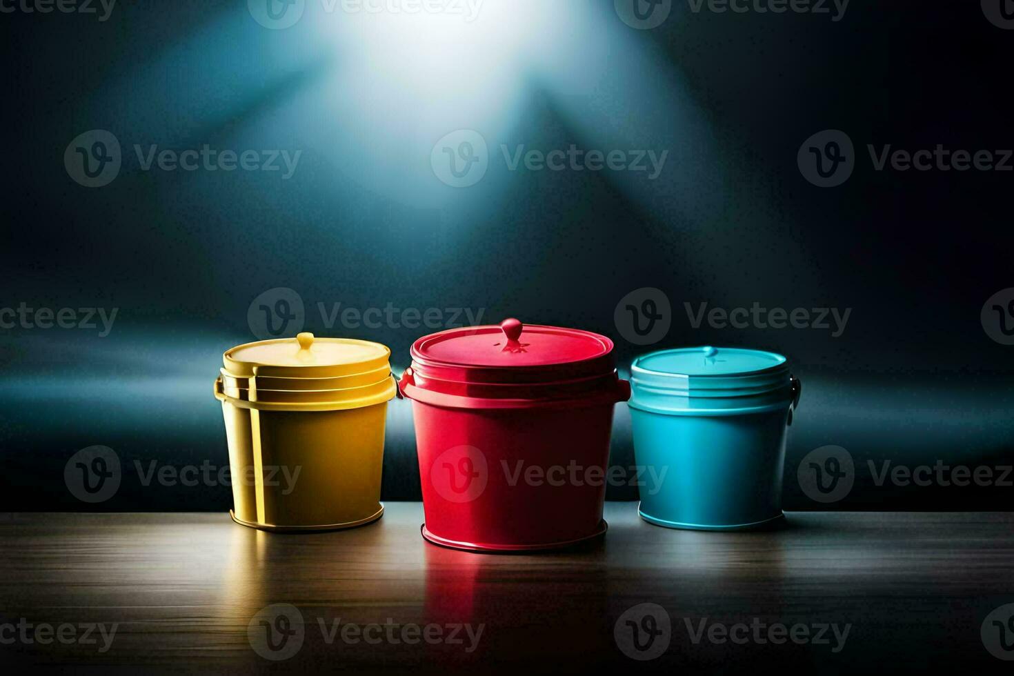 three colorful buckets on a wooden table. AI-Generated photo