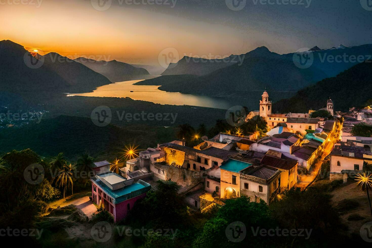 un pueblo en el montañas a puesta de sol. generado por ai foto