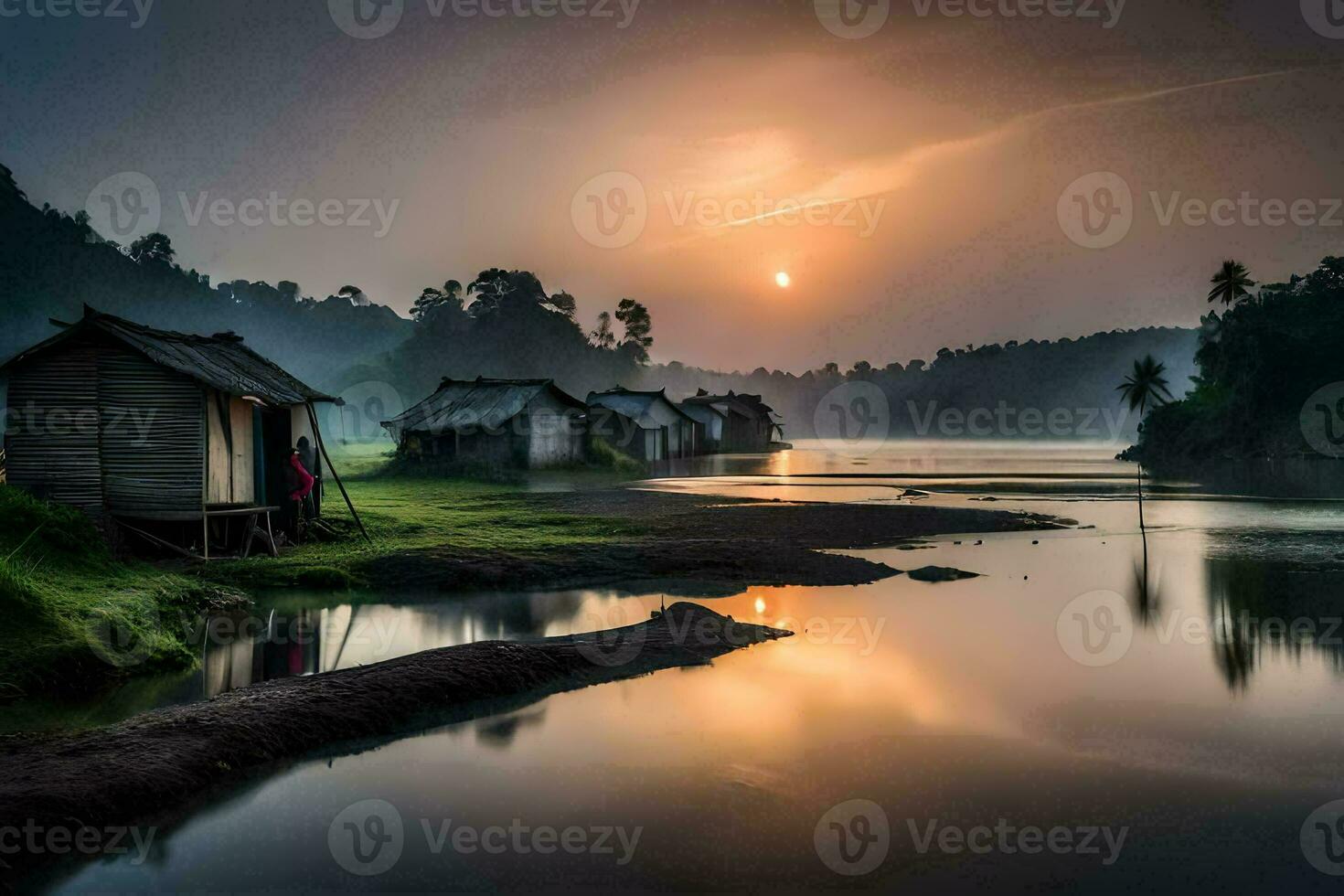 the sun rises over the water and the huts in the foreground. AI-Generated photo