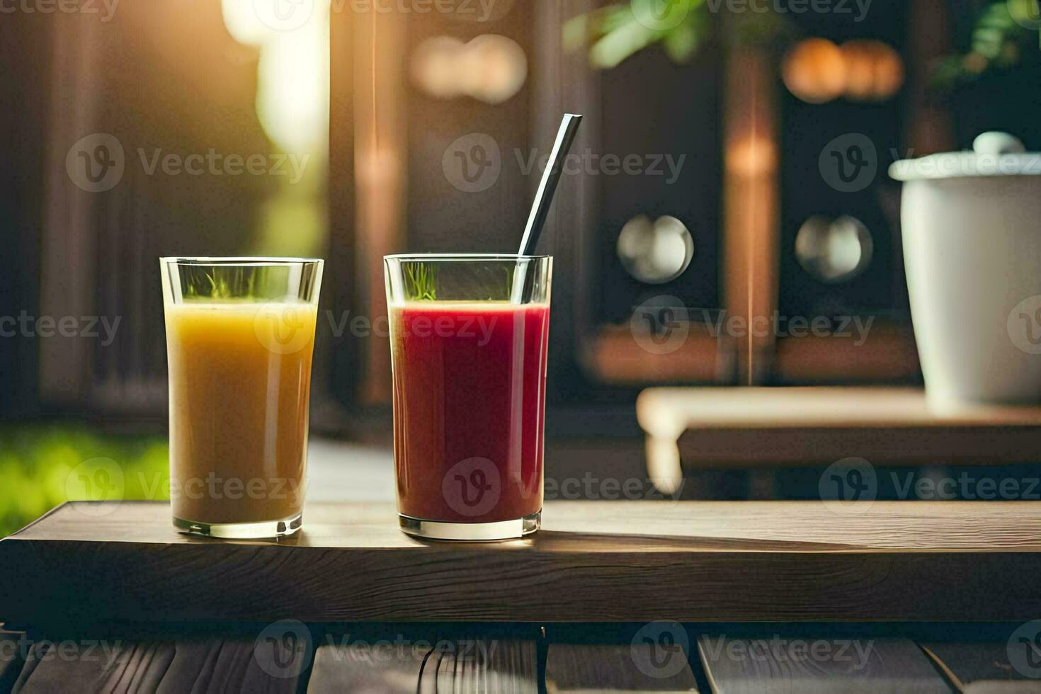 two glasses of juice on a wooden table. AI-Generated photo