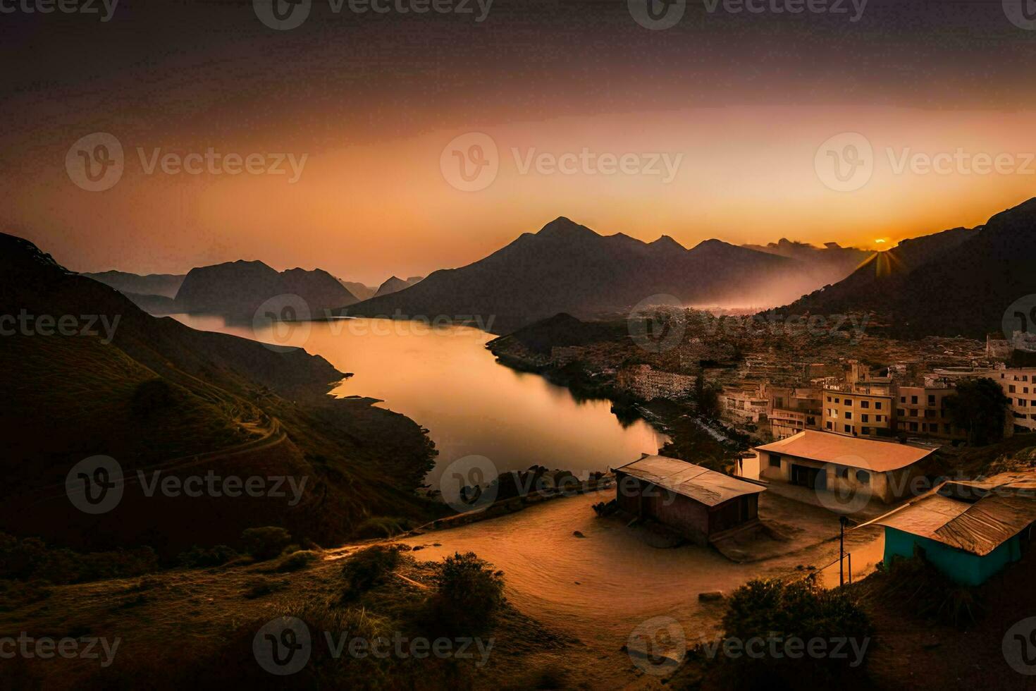 the sun sets over a lake and mountains in the background. AI-Generated photo