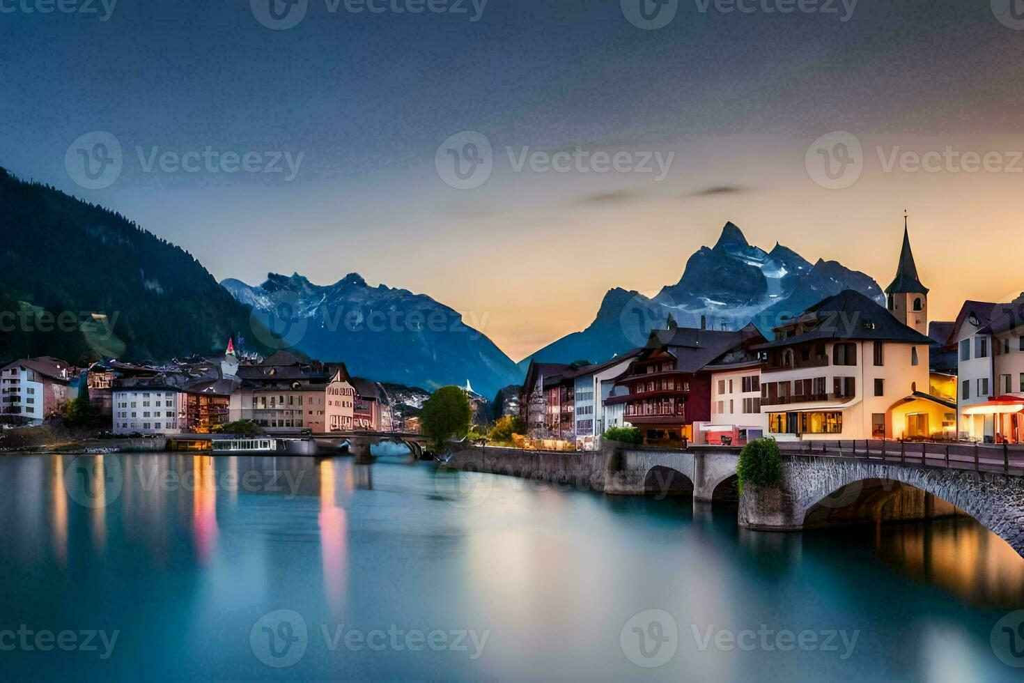 the beautiful town of switzerland at dusk. AI-Generated photo