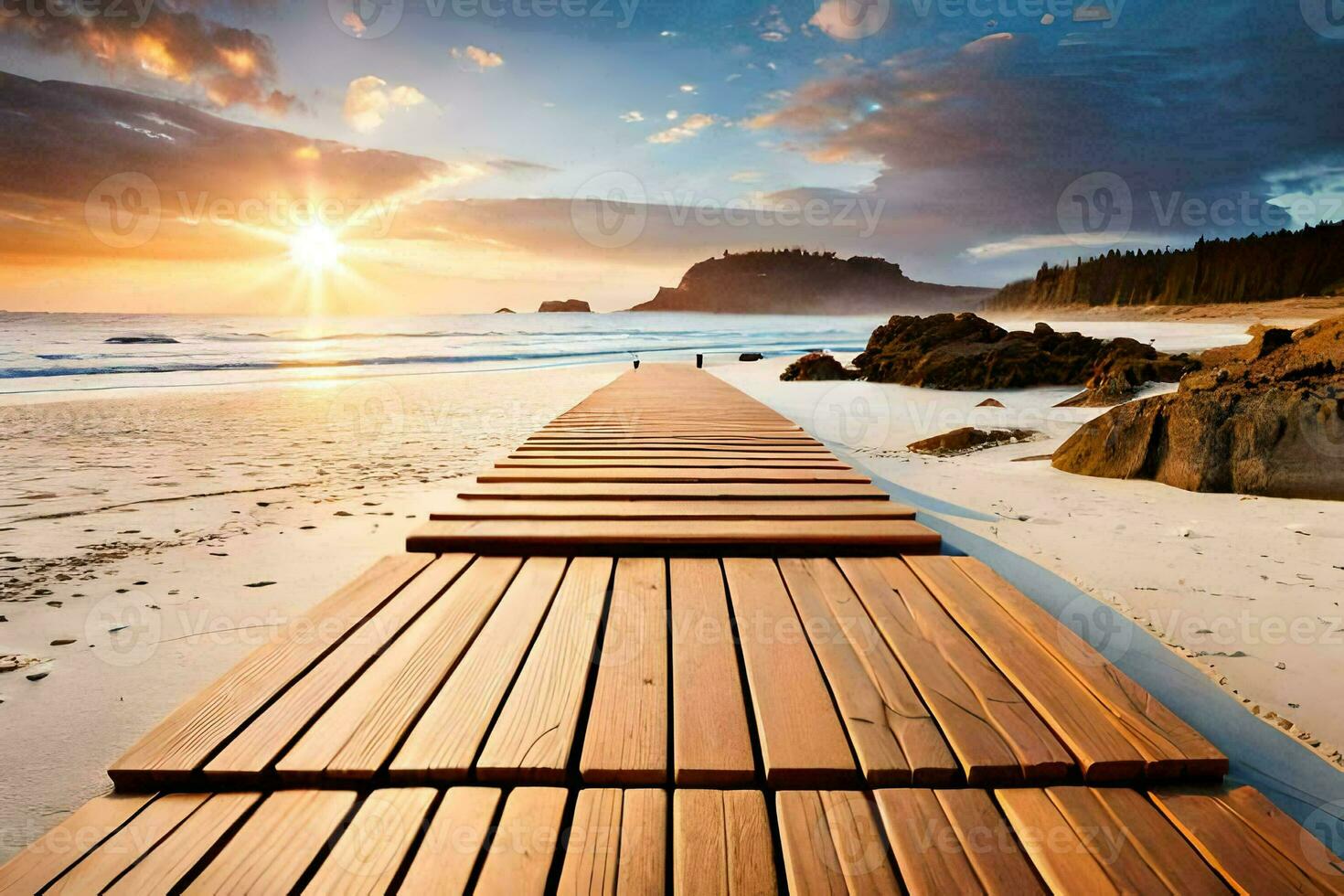 a wooden walkway leads to the beach at sunset. AI-Generated photo