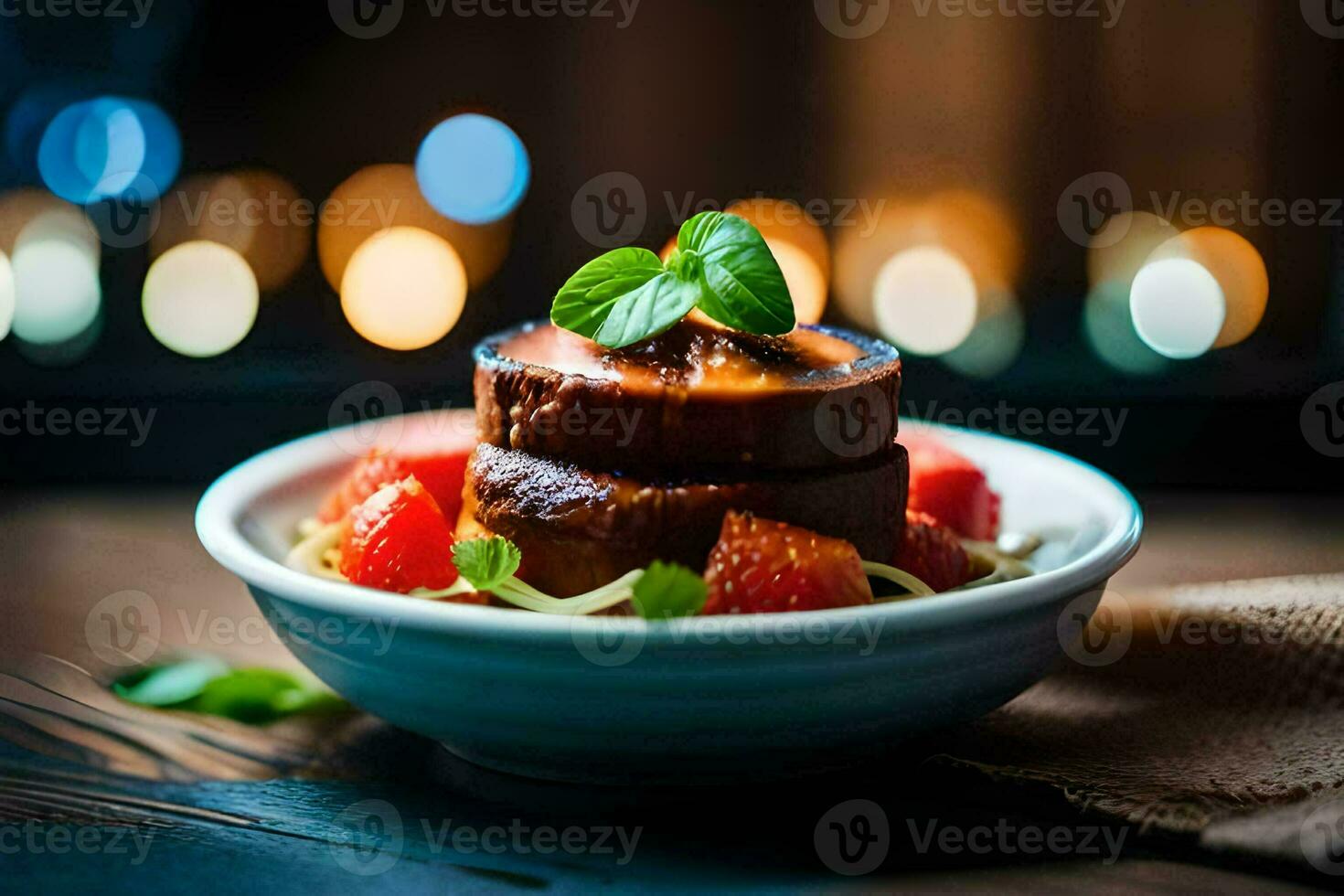 a plate with a slice of meat and fruit. AI-Generated photo