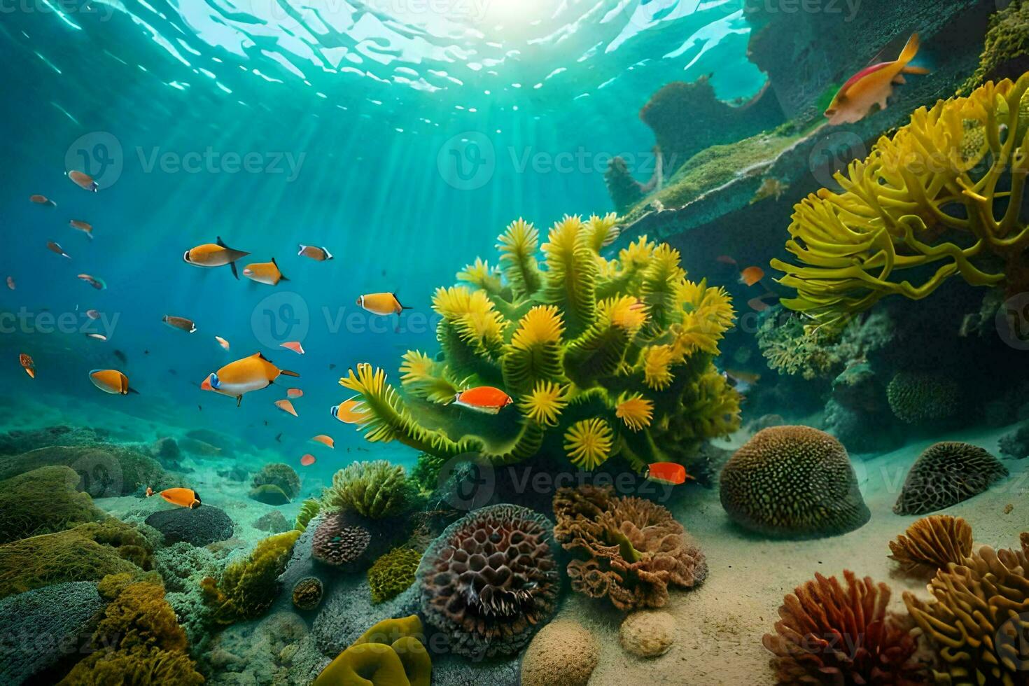 an underwater scene with coral and fish. AI-Generated photo