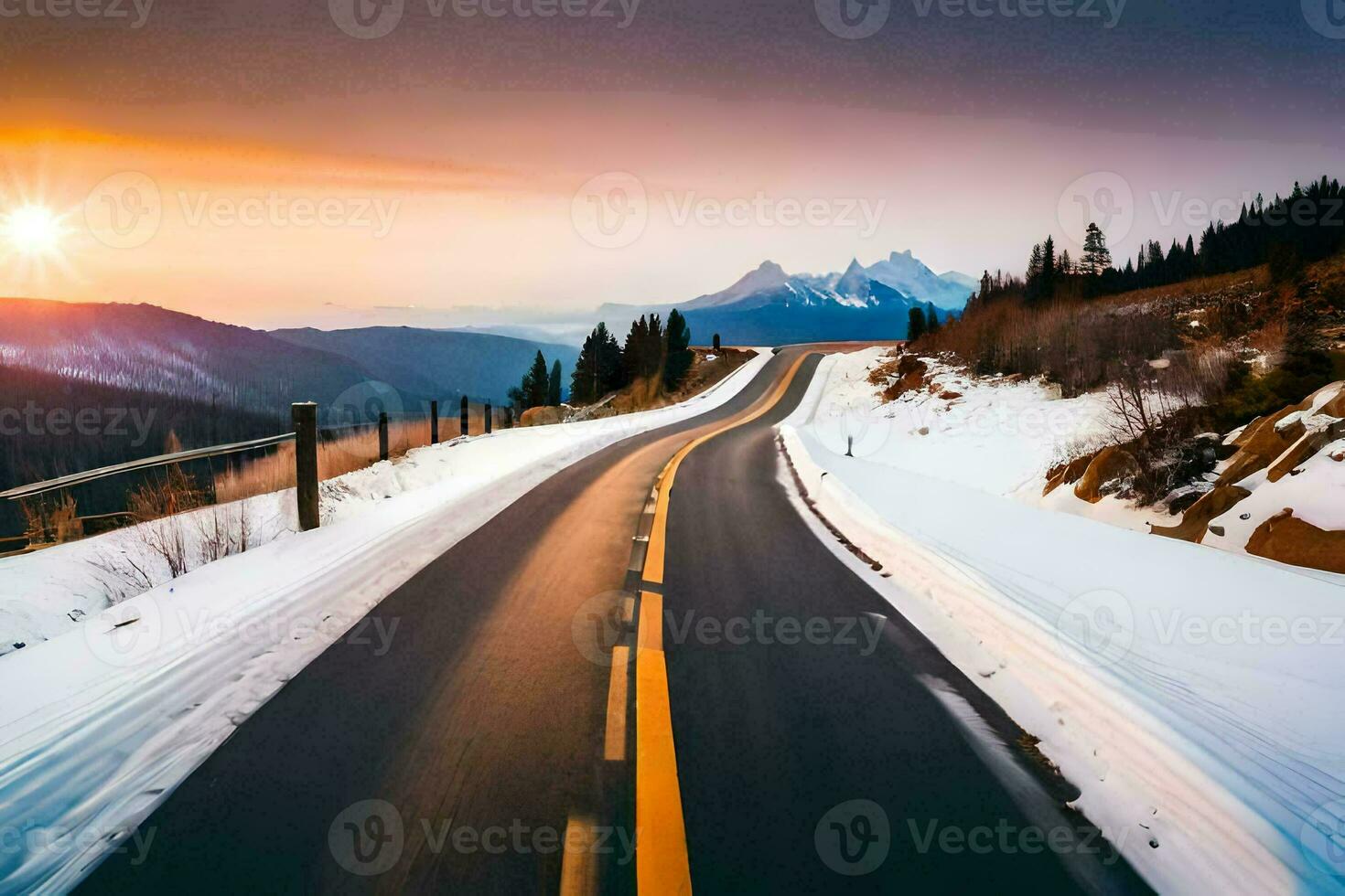 a road in the mountains with snow and sun. AI-Generated photo