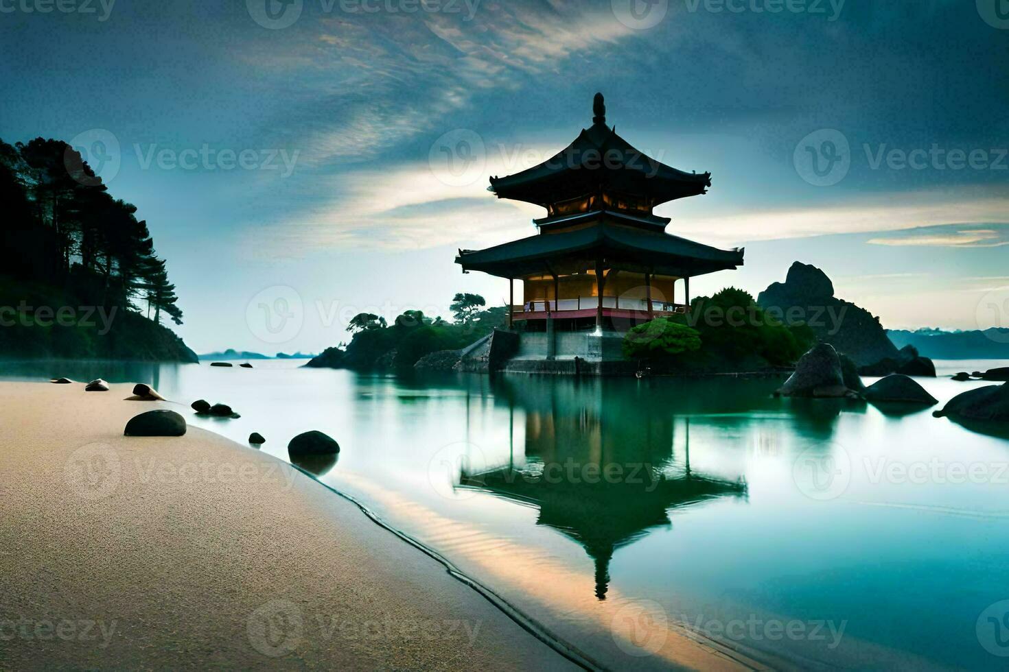 the pagoda is on the shore of the water. AI-Generated photo