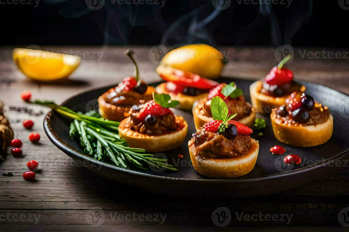 small appetizers on a plate with smoke. AI-Generated photo