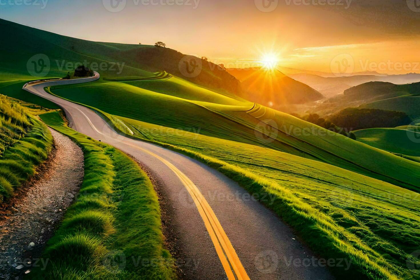 the road to the sunset. AI-Generated photo