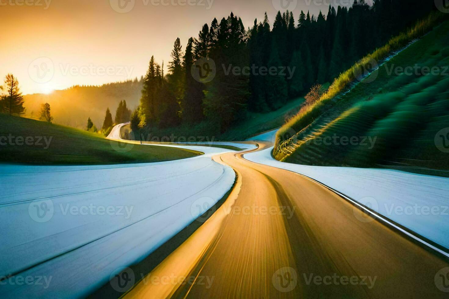 a car driving down a mountain road at sunset. AI-Generated photo