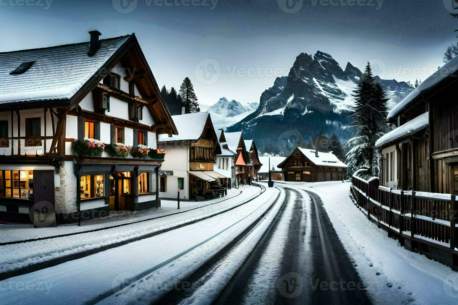 un Nevado calle en el montañas con casas y arboles generado por ai foto