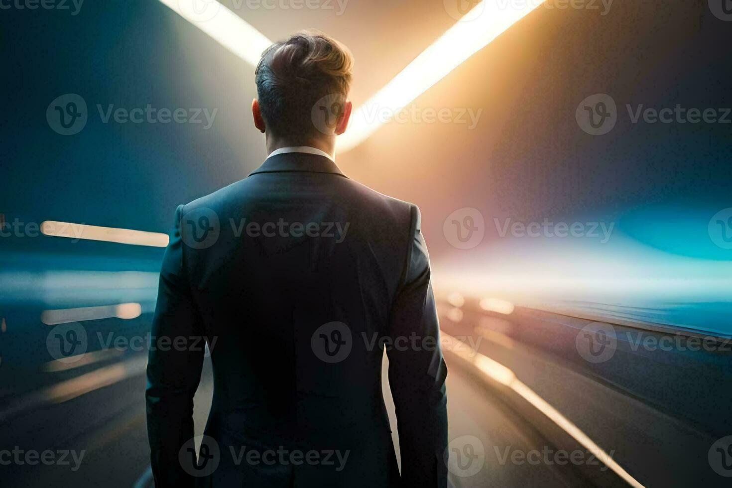 a man in a suit standing in front of a tunnel. AI-Generated photo