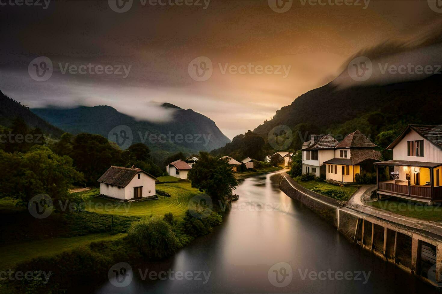 a river runs through a village at sunset. AI-Generated photo
