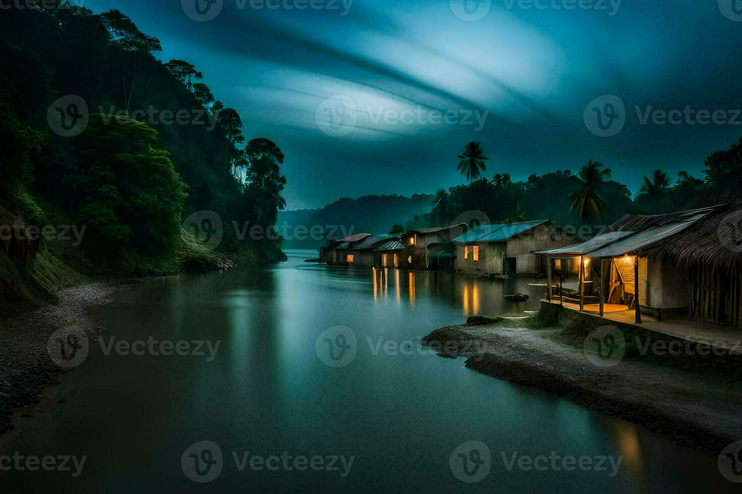 un río en el noche con casas en el costa. generado por ai foto