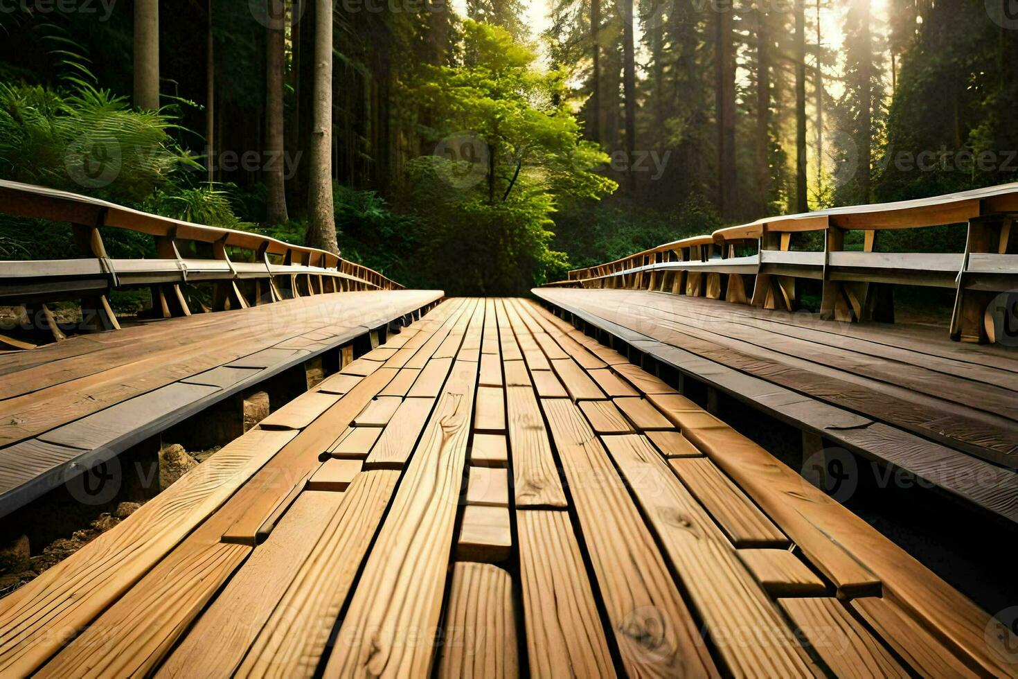 a wooden bridge in the woods with sun shining through. AI-Generated photo