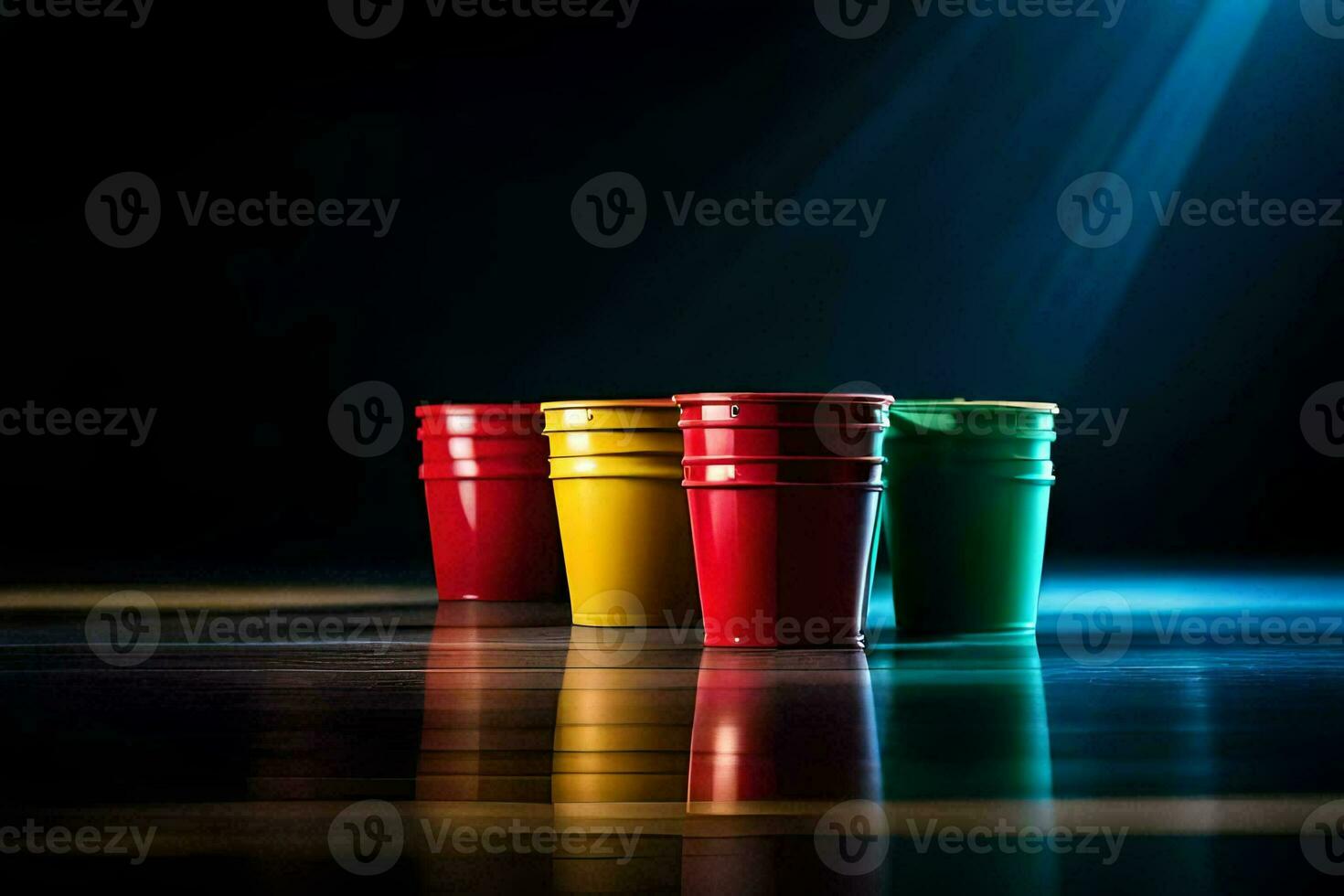 four red plastic cups on a dark floor. AI-Generated photo