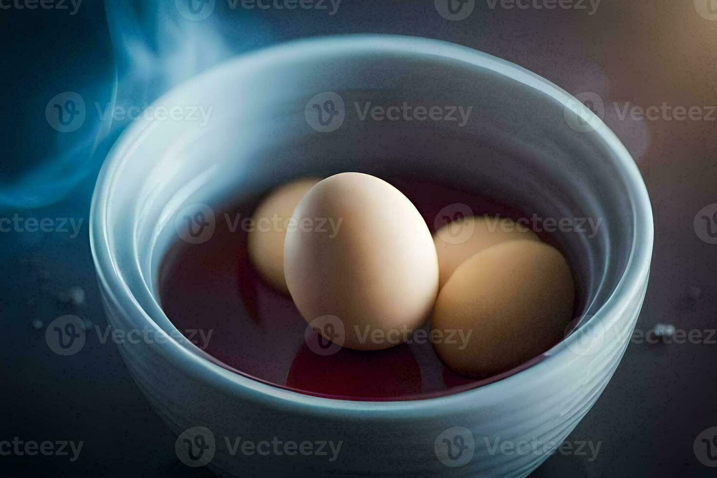 three eggs in a white bowl with a blue smoke. AI-Generated photo