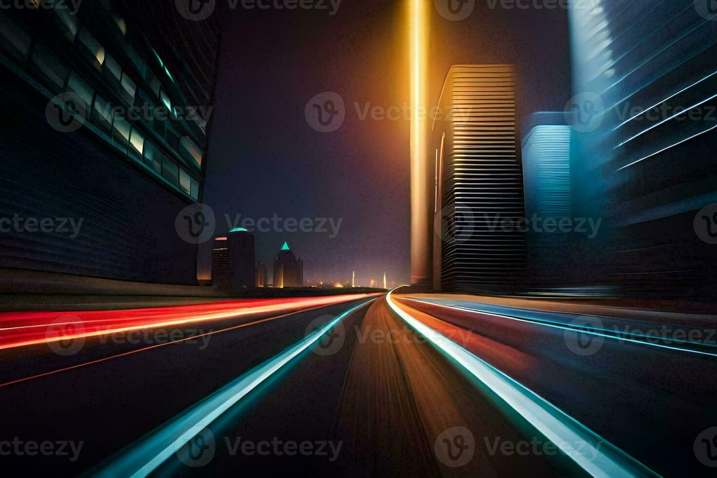 a long exposure photograph of a city street at night. AI-Generated photo
