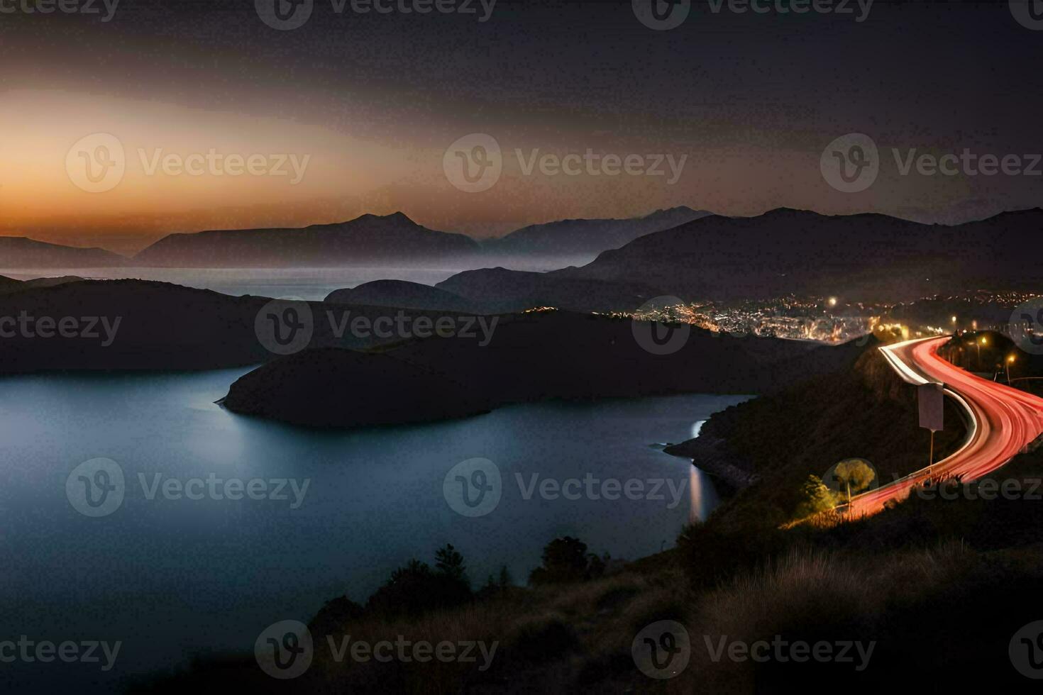 a long exposure photograph of a road and water at sunset. AI-Generated photo