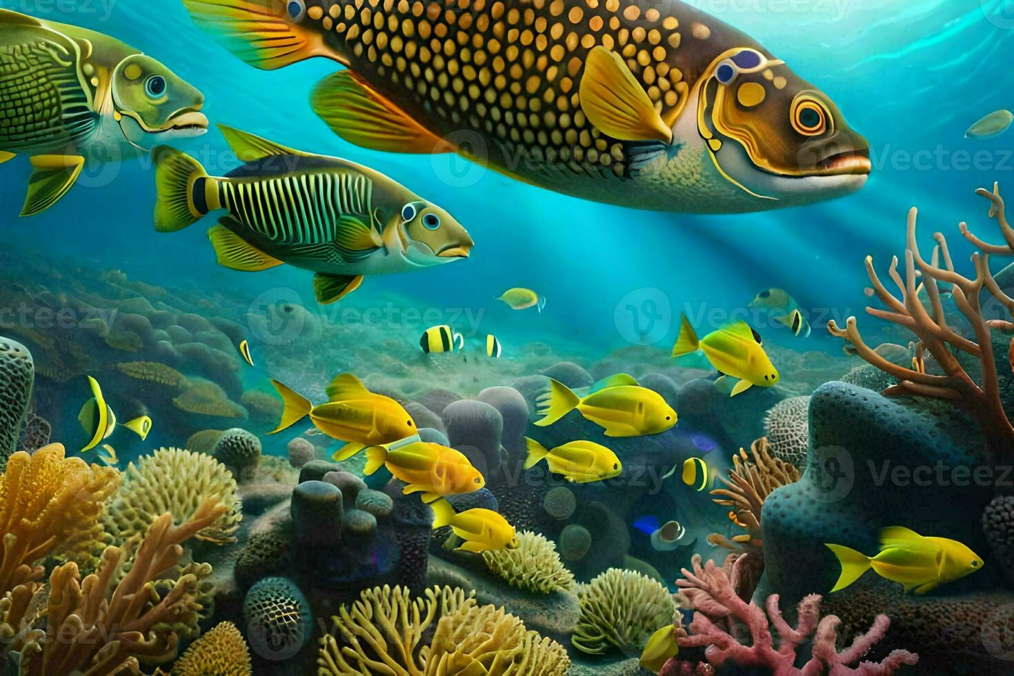fish swimming in the ocean with coral reefs. AI-Generated photo