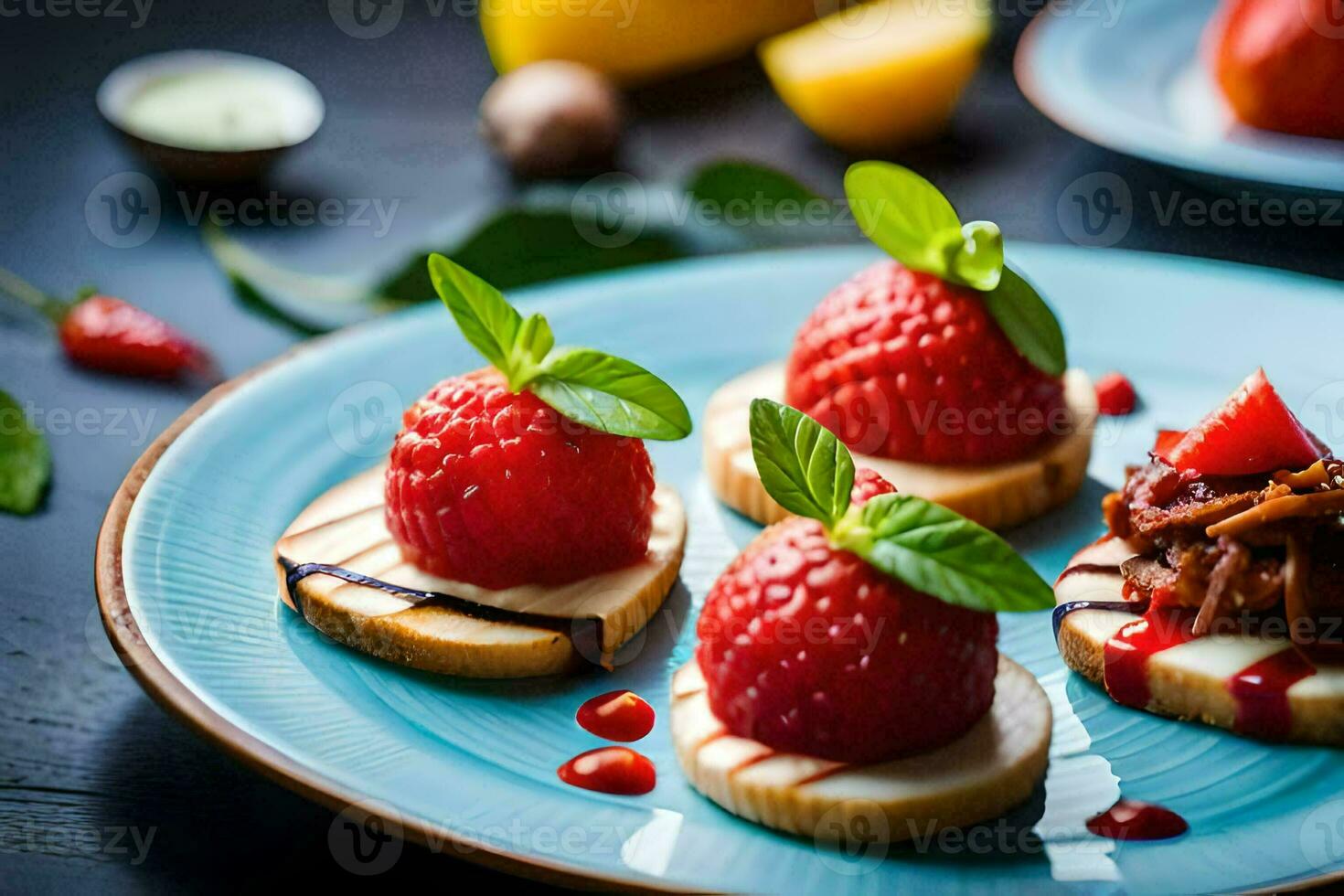 three small plates with strawberries and cheese. AI-Generated photo