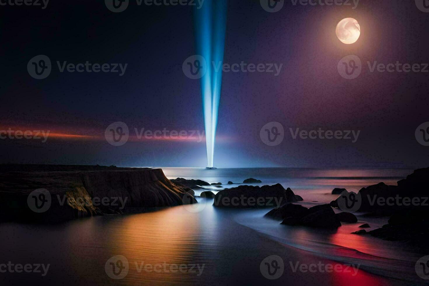 a light beam shines over the ocean at night. AI-Generated photo