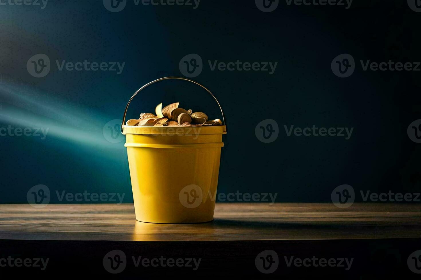 a bucket of coins on a table. AI-Generated photo