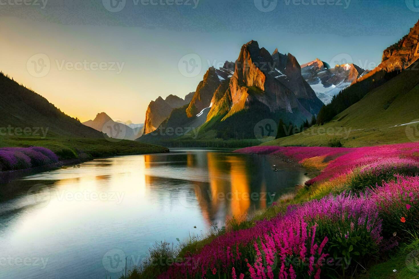 the sun rises over the mountains and the flowers bloom in the valley. AI-Generated photo