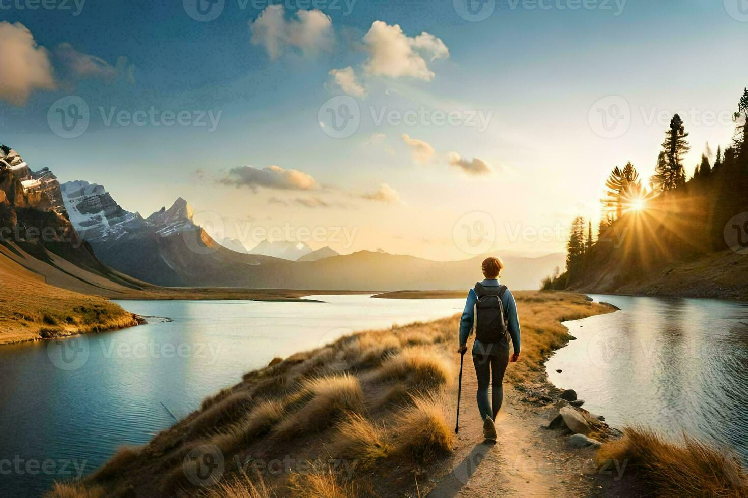 a person walking along a path near a lake. AI-Generated photo