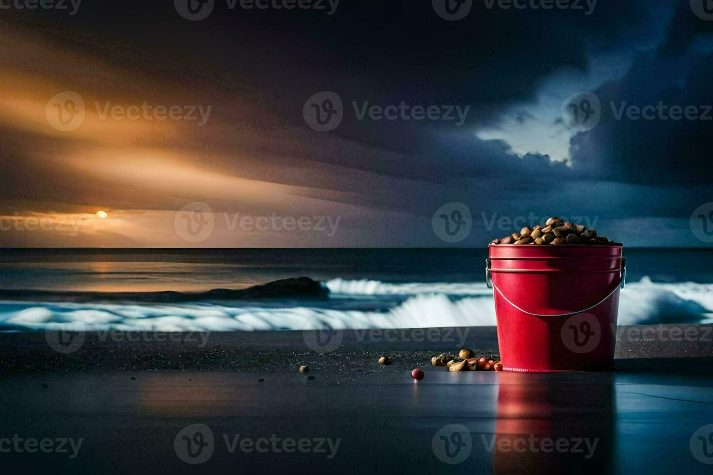 a bucket of nuts on the beach. AI-Generated photo