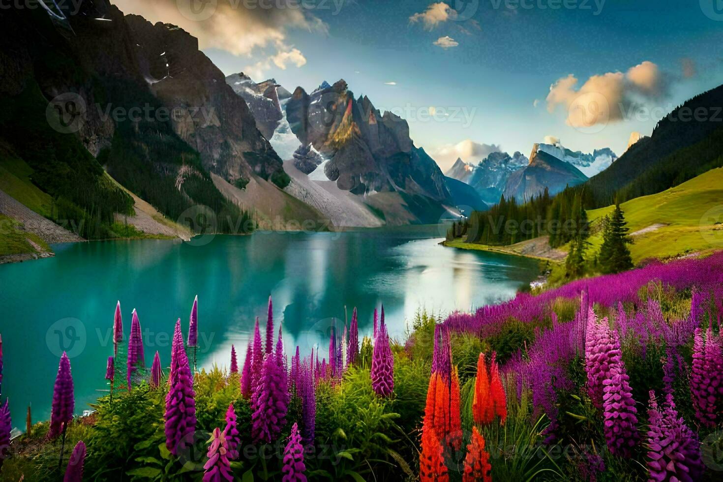 the lake is surrounded by purple flowers and mountains. AI-Generated photo