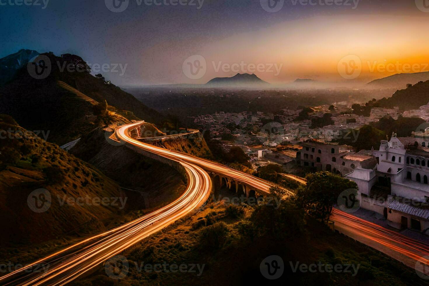 a long exposure photo of a road in the mountains. AI-Generated