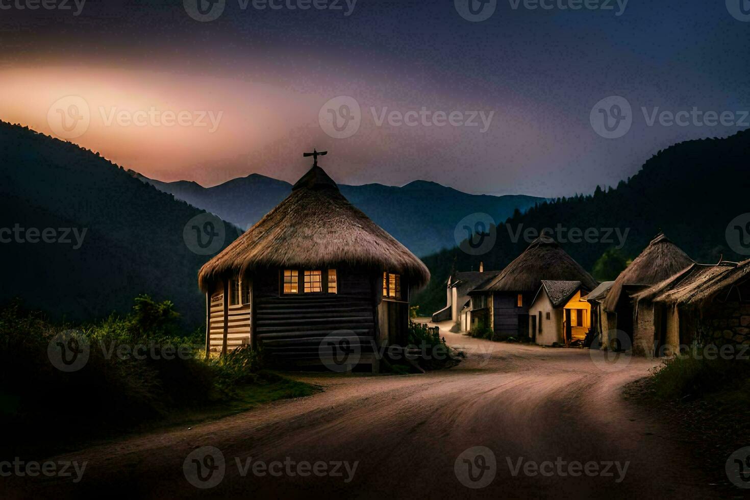 photo wallpaper the sky, mountains, road, houses, the village, the village, the village. AI-Generated