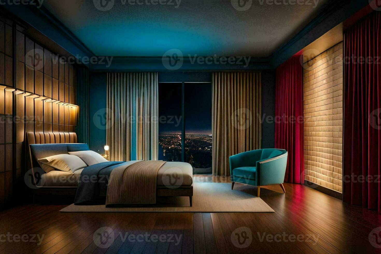 un dormitorio con un cama y un silla en frente de un ventana ai generativo  22806806 Foto de stock en Vecteezy