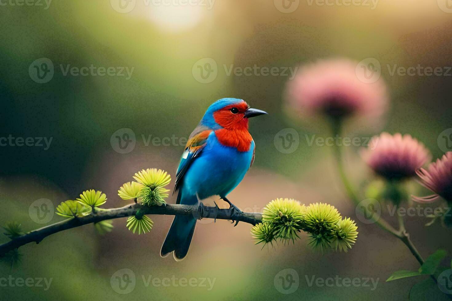 a colorful bird sits on a branch in front of flowers. AI-Generated photo