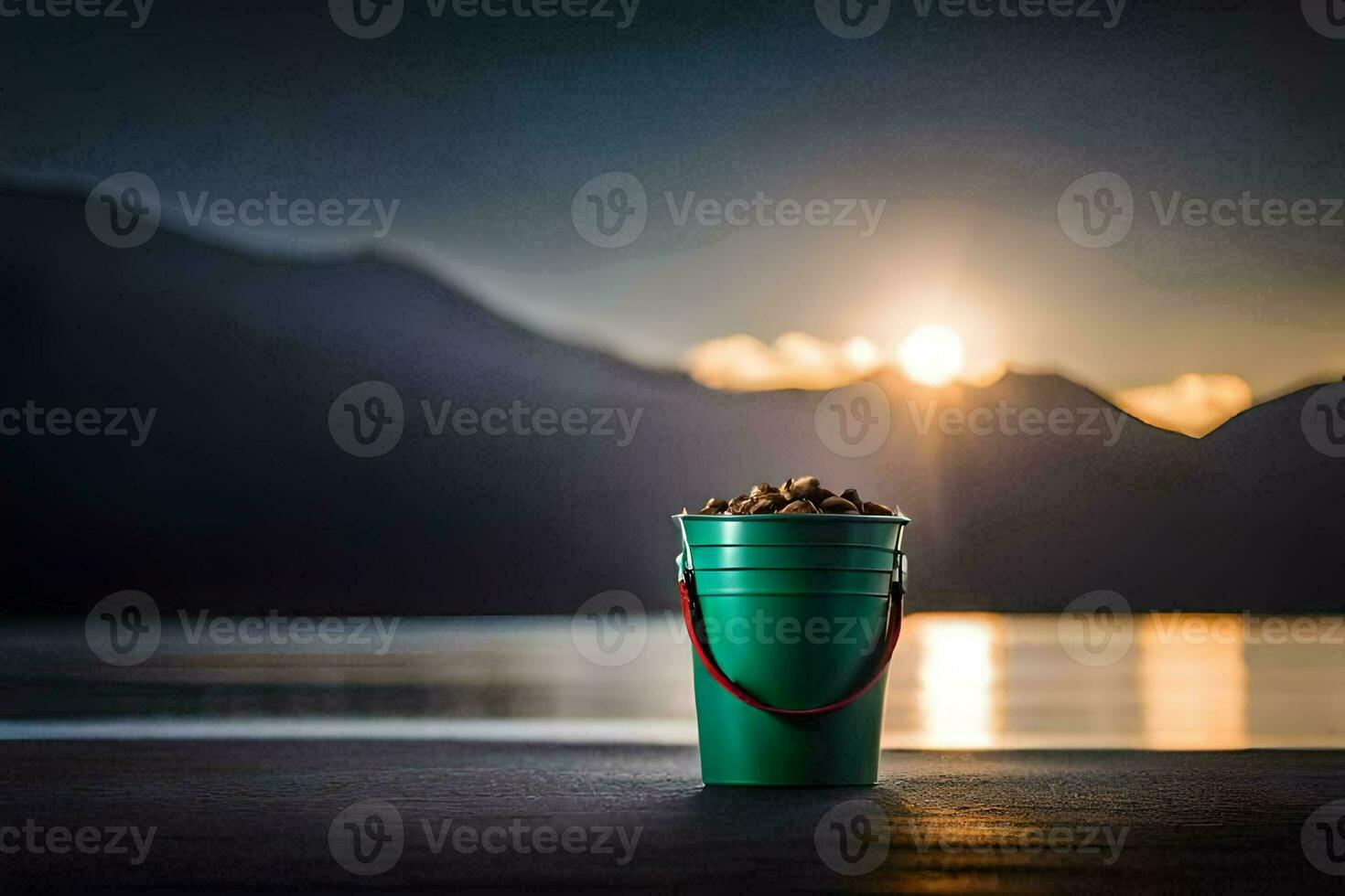 a bucket of nuts on a dock with the sun setting behind it. AI-Generated photo