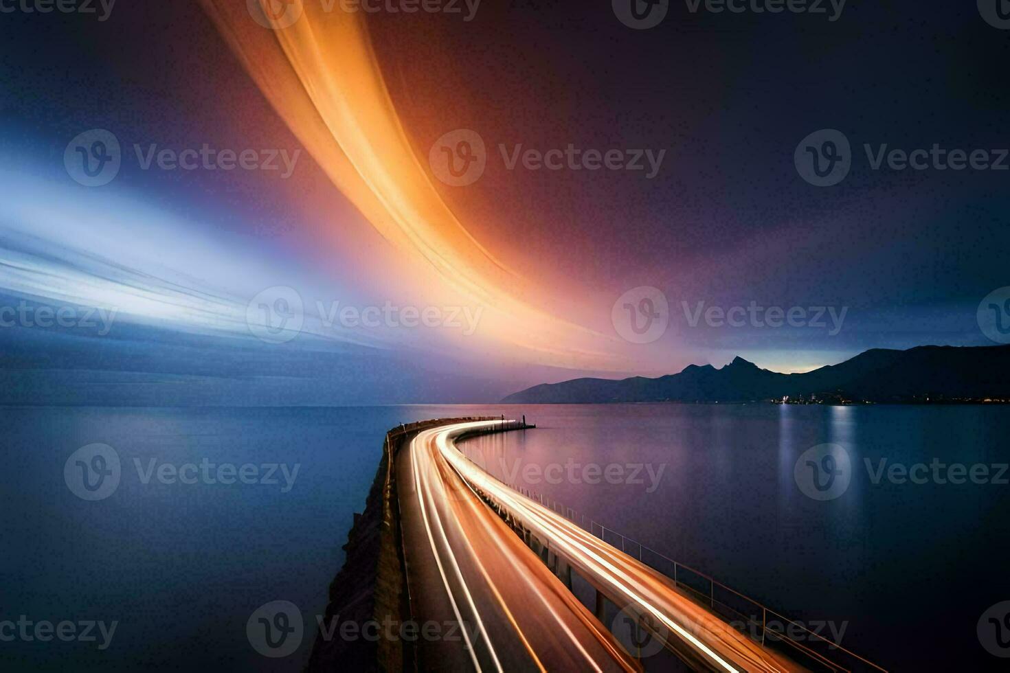 a long exposure photograph of a car driving on a road over the ocean. AI-Generated photo