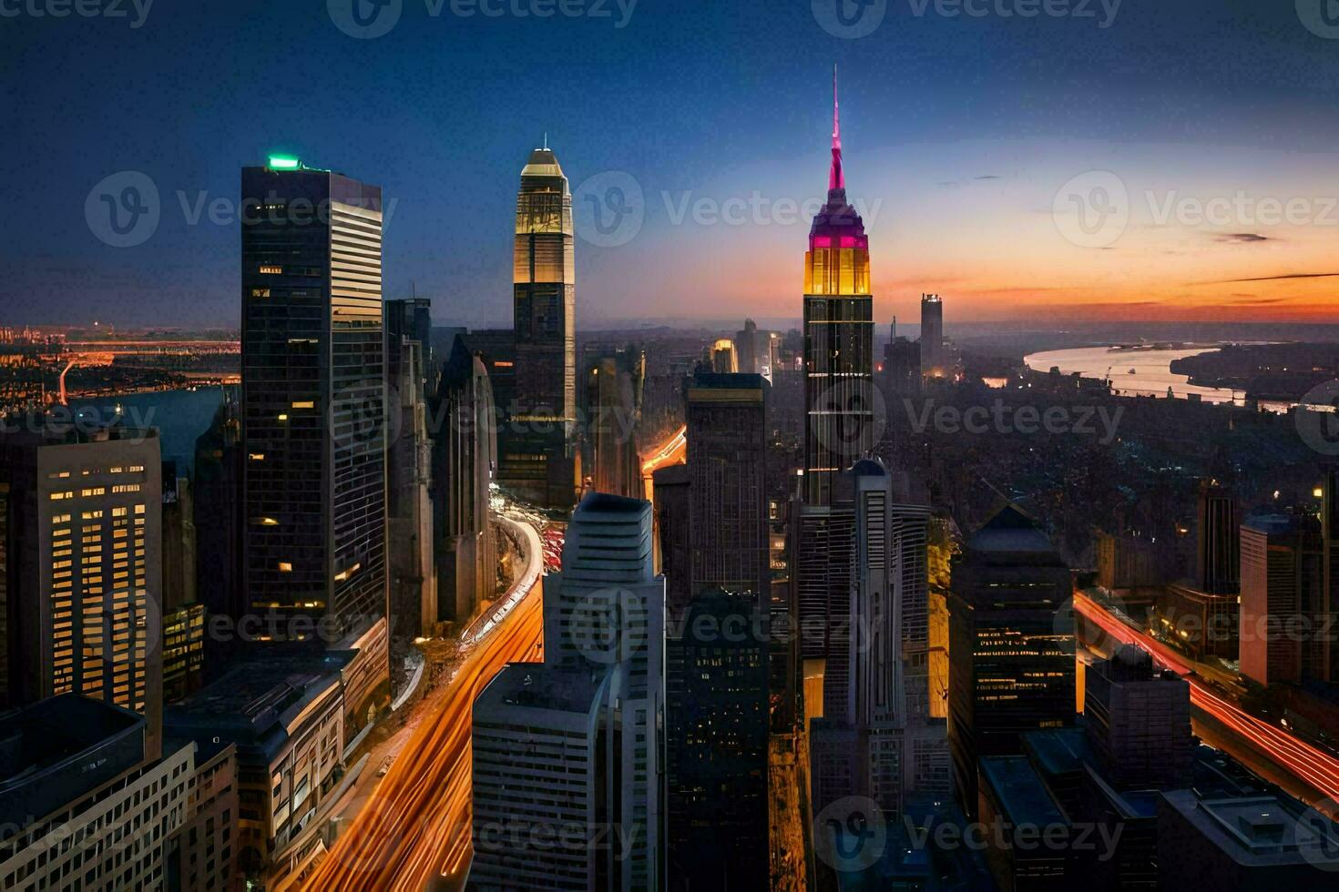 el ciudad horizonte a oscuridad con tráfico luces. generado por ai foto