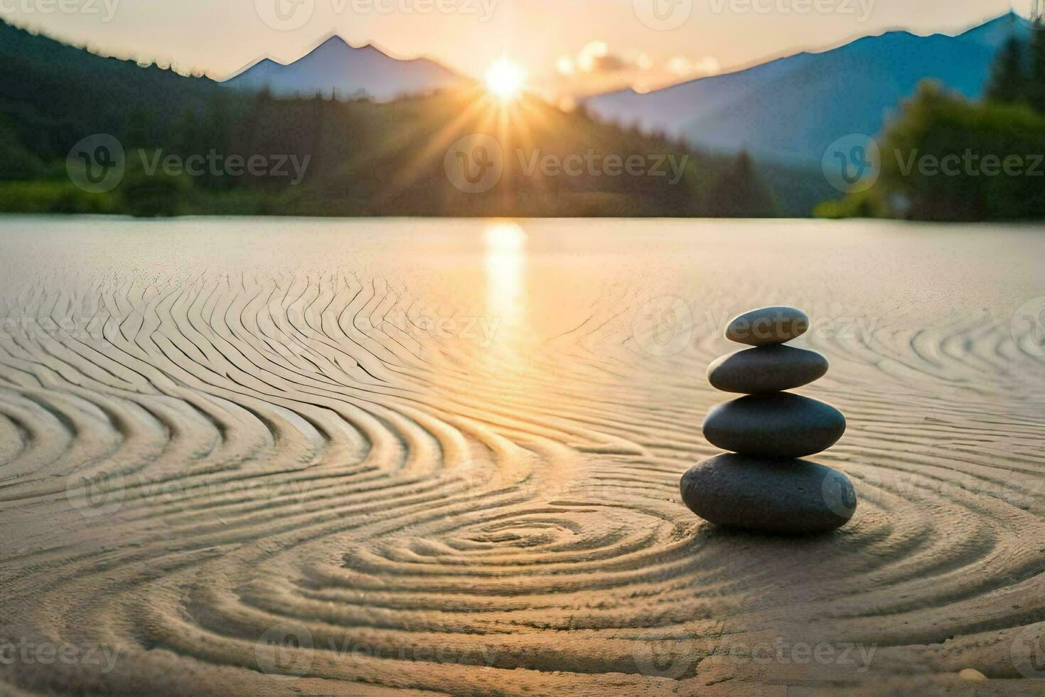 a stack of stones on the sand at sunset. AI-Generated photo