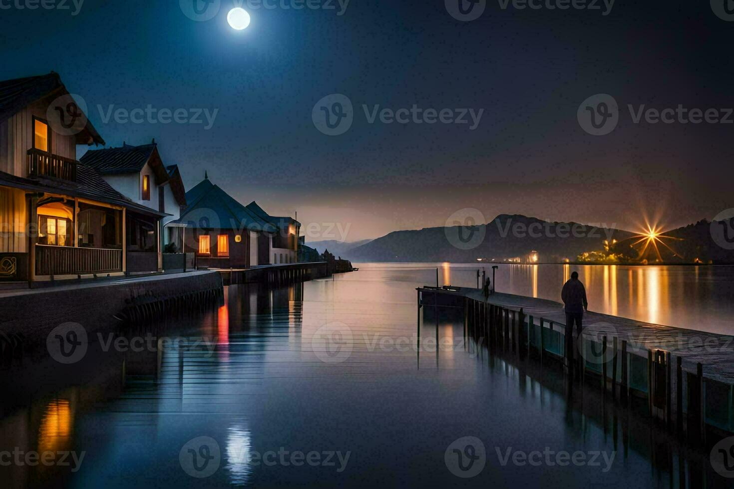 a moonlit lake with houses and a dock at night. AI-Generated photo