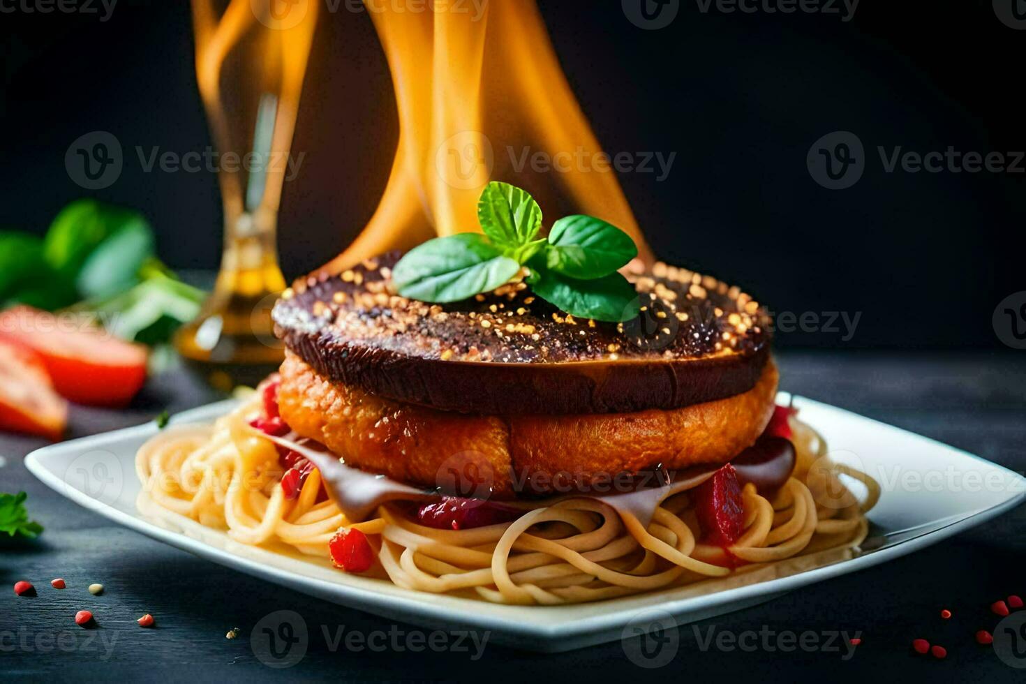 a plate with spaghetti and meat on fire. AI-Generated photo