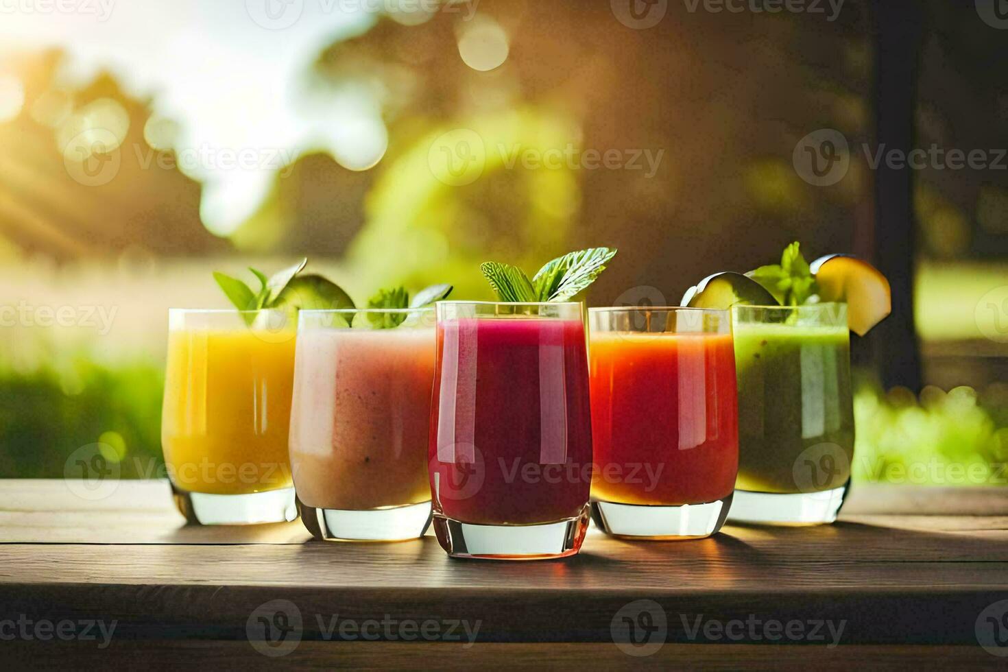 cinco diferente jugos en lentes en un mesa. generado por ai foto