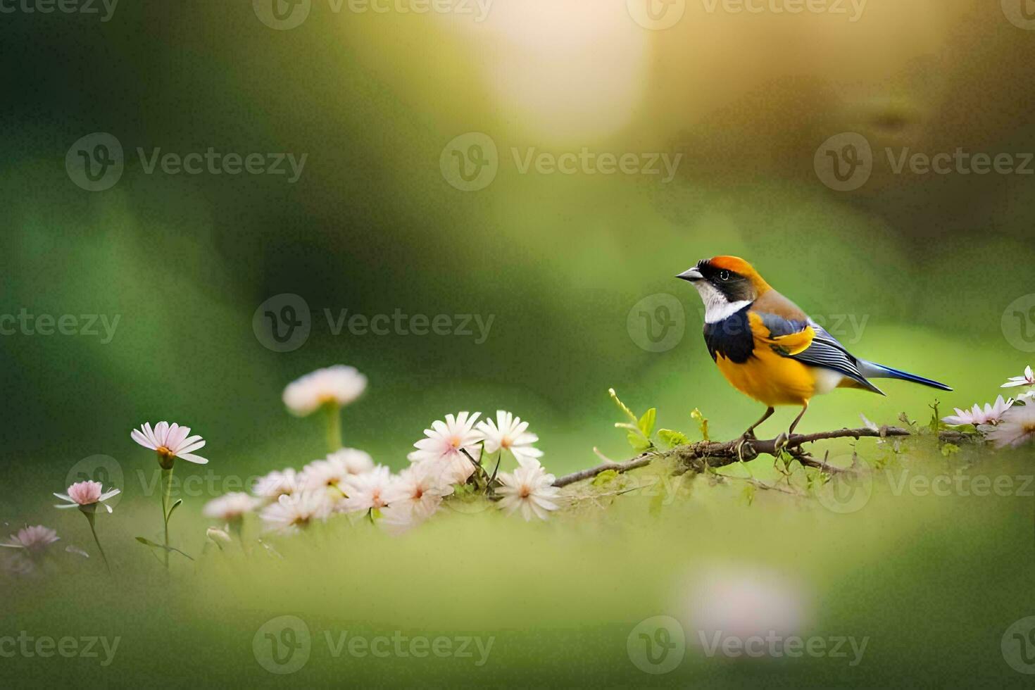 a small bird is standing on a branch with flowers. AI-Generated photo