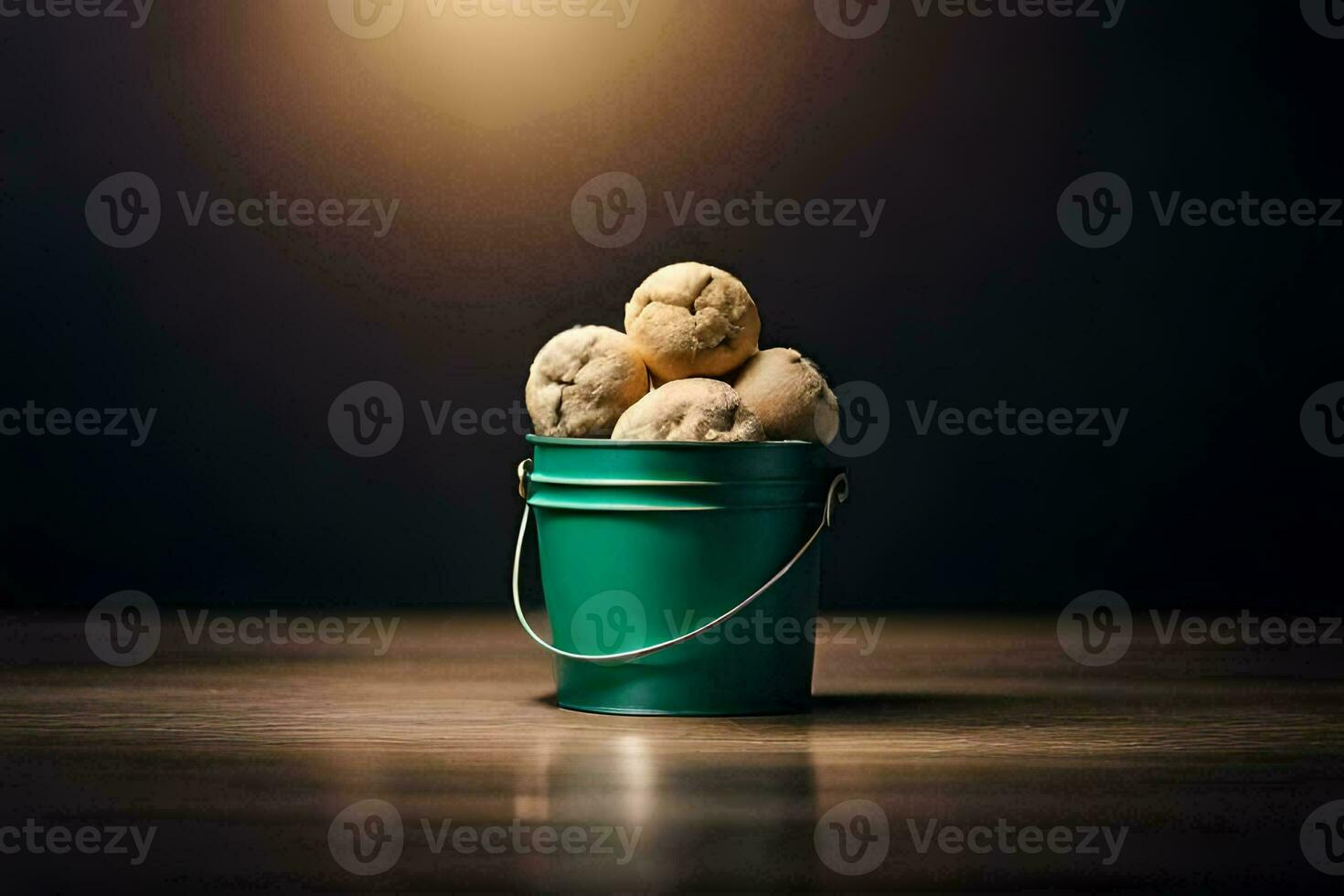 potatoes in a bucket on a wooden table. AI-Generated photo