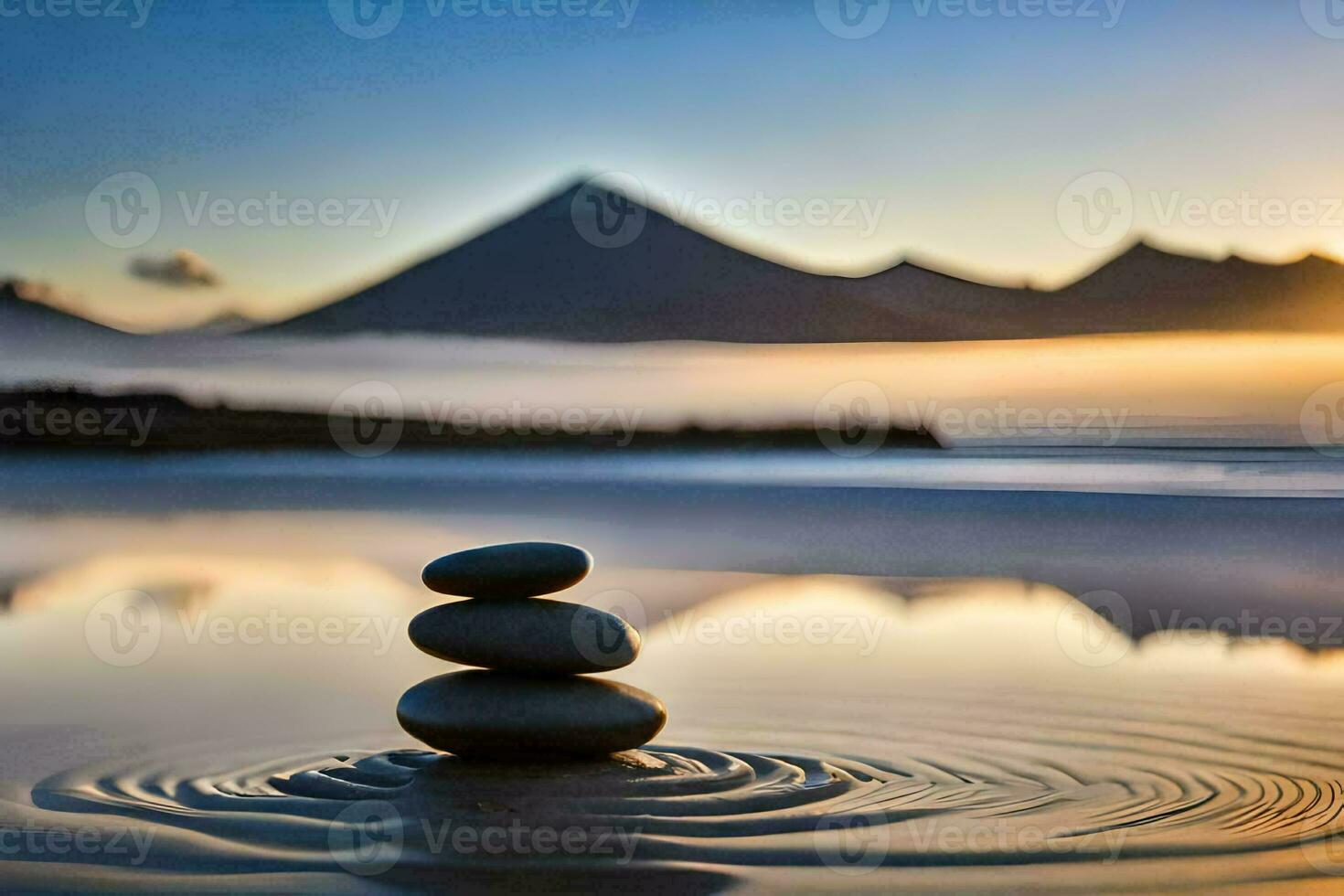 a stack of stones on the beach at sunset. AI-Generated photo